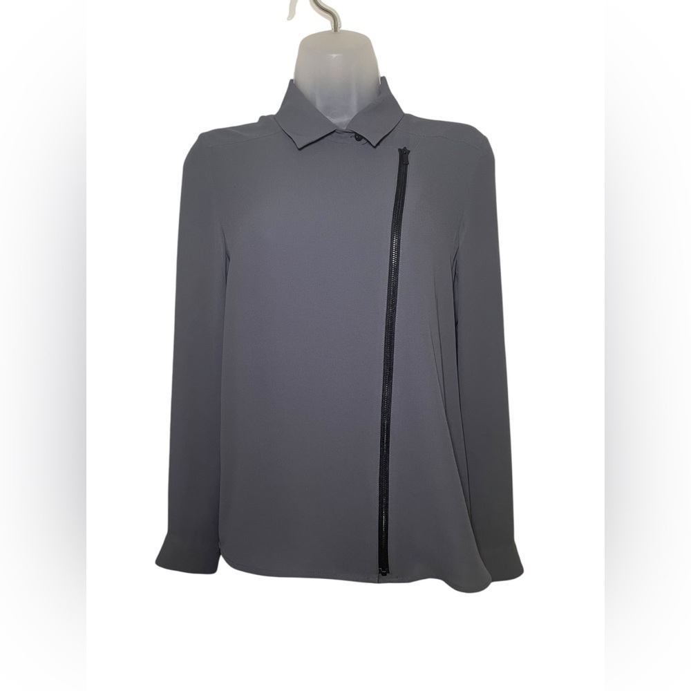 The Kooples Gray Crepe Asymmetrical Moto Zipper Blouse Size Medium